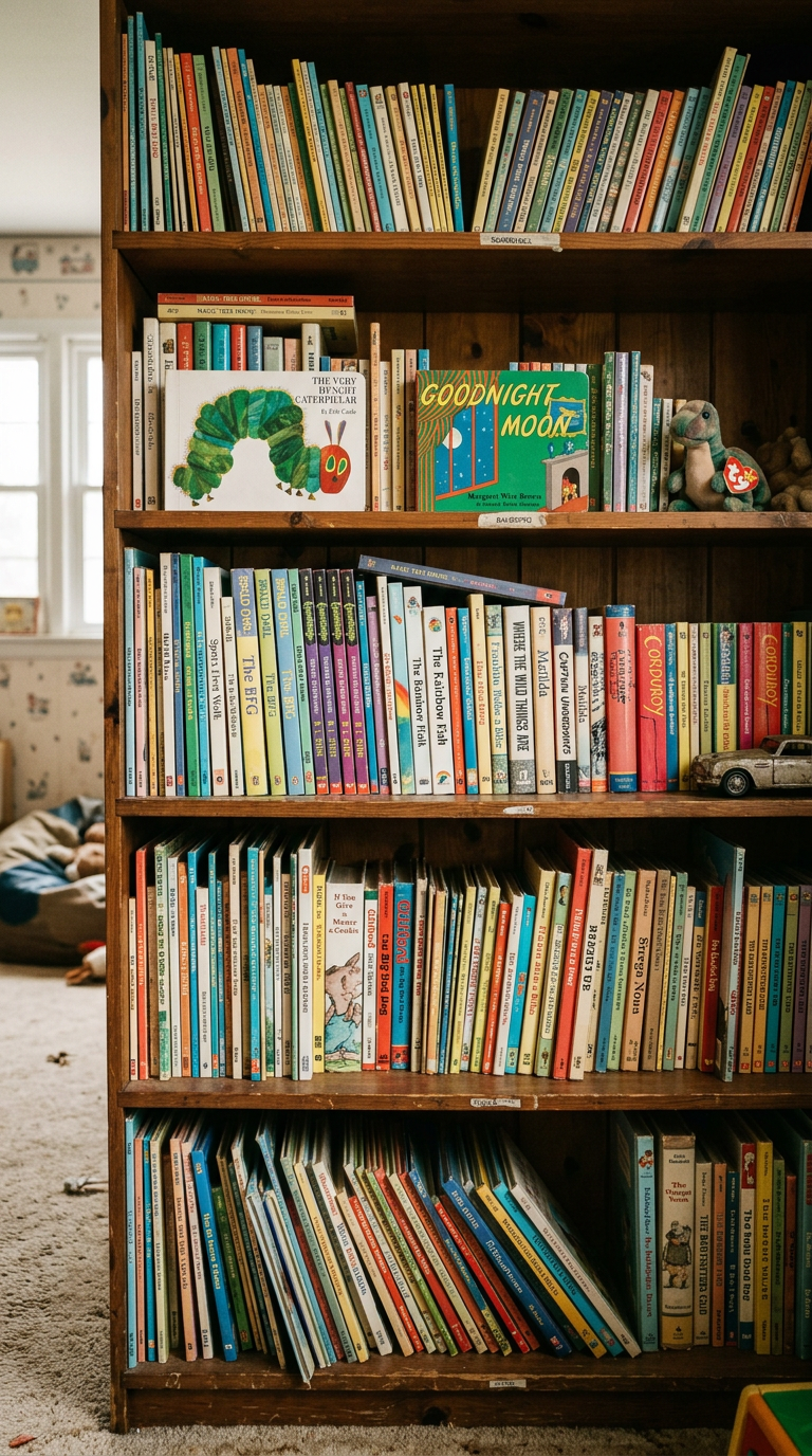 90s bookshelf full of illustrated children's books