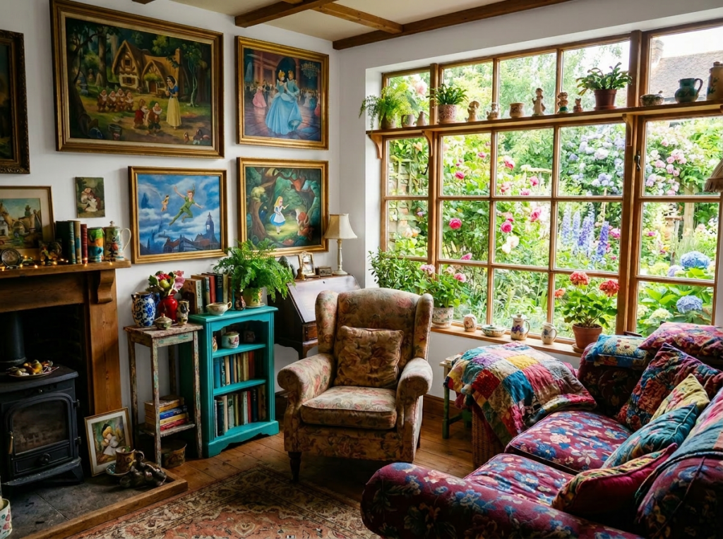 Cozy living room with floral armchair, patterned sofa, wood-burning stove, and large window showing a blooming garden