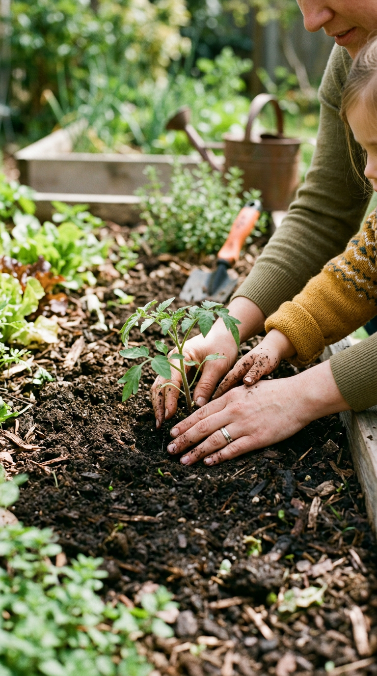 Adult and child hands planting tomato seedling in soil