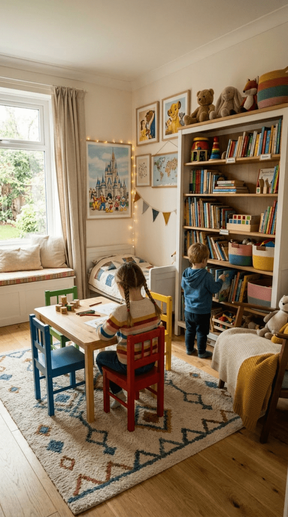 Children's playroom with wooden table, colorful chairs, bookshelf, toys, and two kids drawing and reading