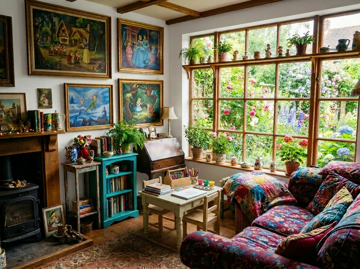 Cozy living room with floral armchair, patterned sofa, wood-burning stove, and large window showing a blooming garden